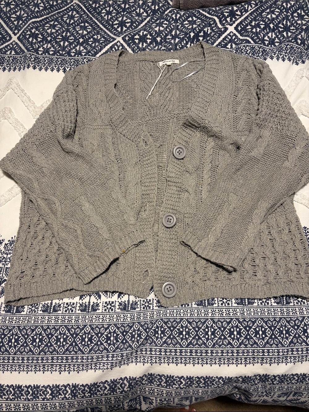 Slouchy Gray Cable Knit Button-Up Sweater Cardigan